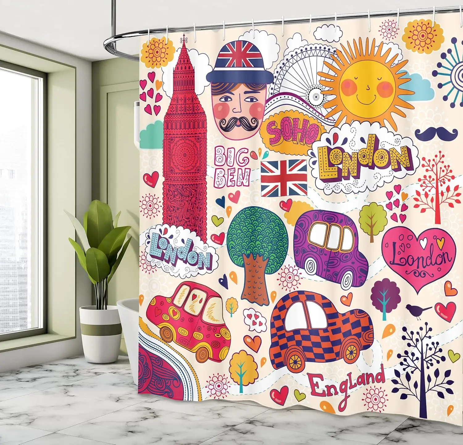 

London Theme Shower Curtain with Hooks – Colorful British Cartoon Art, Big Ben, Union Jack & London Eye, Red Beige City Decor