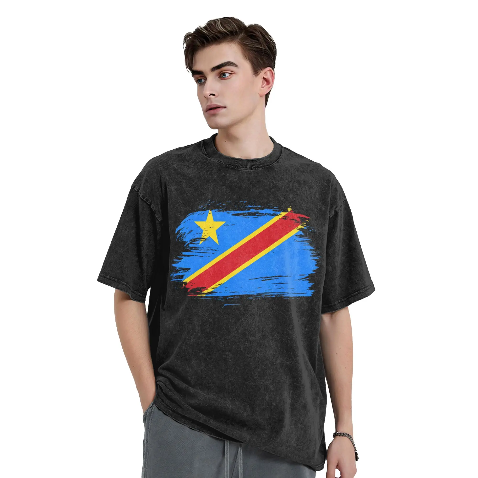 Republic Of Congo Congolese Flag DRC Washed T Shirts Streetwear  Fashion T-Shirts Tees for Men Women 100% Cotton
