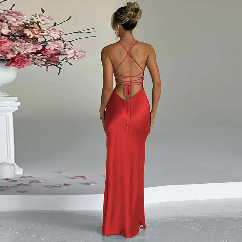 Lace Up Backless Side Slit Maxi Dress Women Sexy Bodycon Long Dresses Elegant Evening Party Birthday Female Clothes Summer