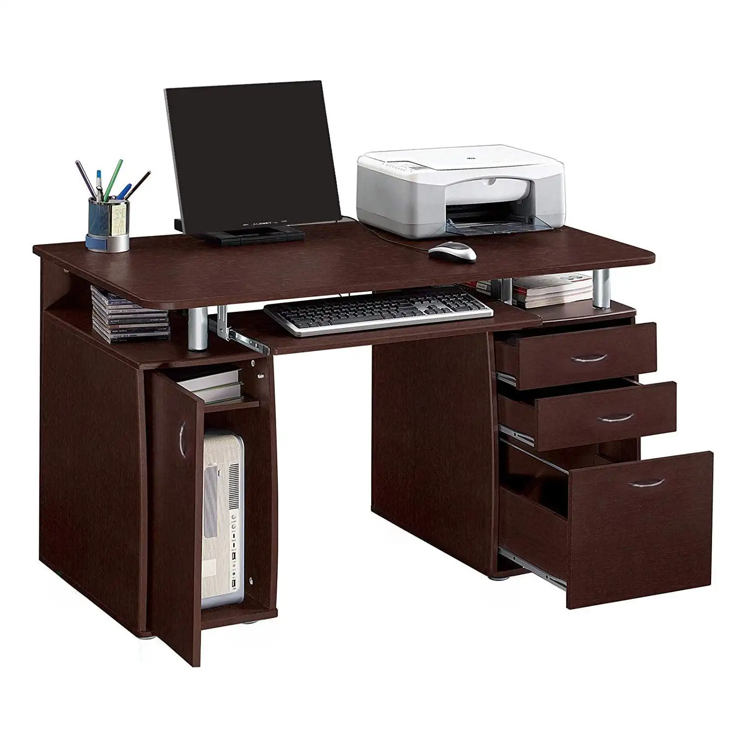 

Brown Computer PC Desk Home Office Study Writing Table 3 Drawers Bookcase Perfect living room desk for office or home use