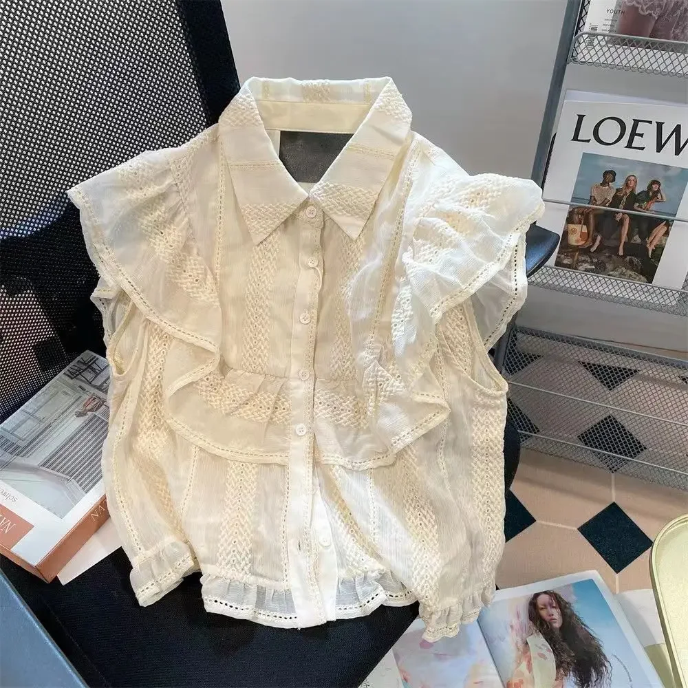 

New Sweet Ruffles Blouse Women Temperament Ladies Tops Flying Sleeve Hollow Out Summer Shirts Blouses 2023 Blusas Mujer De Moda