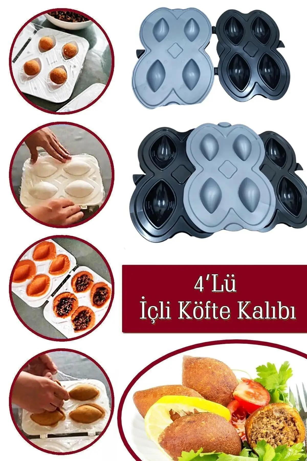 Black 4'lü Kibbeh Mould Practical Durable Apparatus 3 Piece