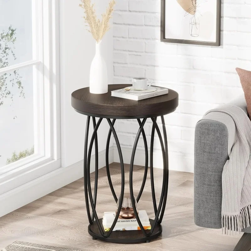 

Compact Round Side Table with Storage Shelf, Industrial End Table, Metal Frame Accent Table for Bedside or Couch