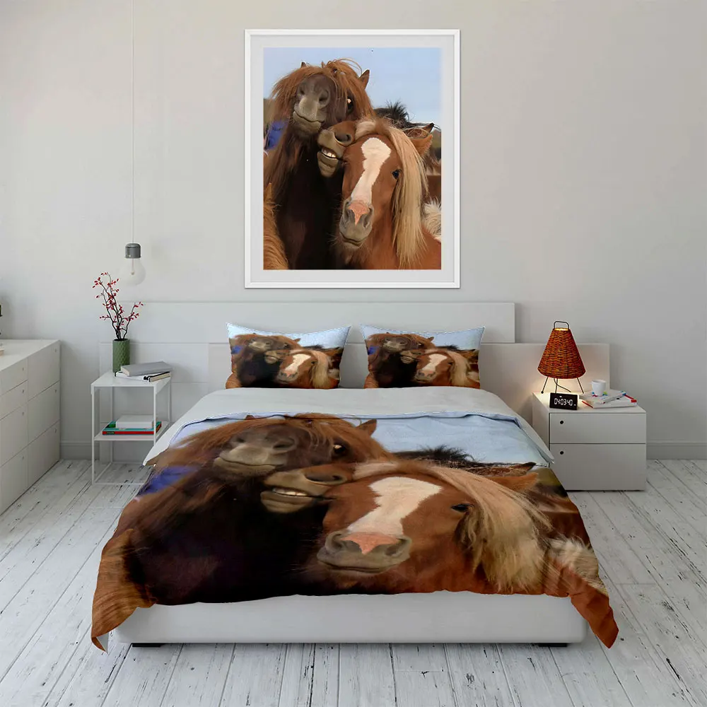 Funny Three playful horses huddling together Pattern Duvet Cover Set Digital Print Colorful Polyester Bedding with Zipper Closur