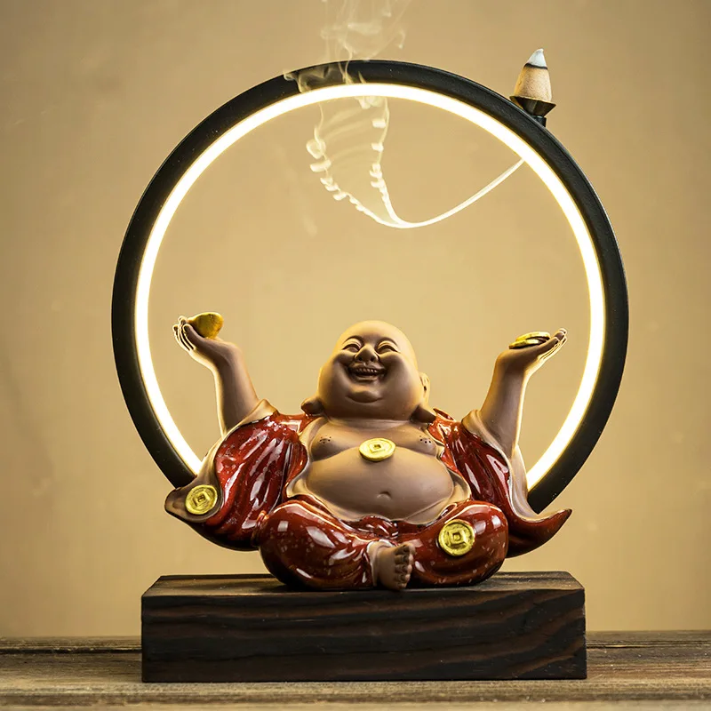 Zen Fortune Maitreya Buddha Tabletop Decoration Pieces Reverse Flow Aromatreatment Stove Led Light Ring Night Light Small Buddha