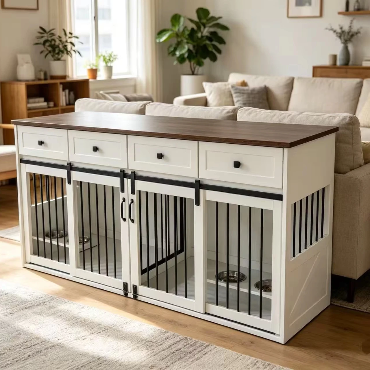 Bestseller Robuste Holz-Hundehütte mit Schubladen & Herausnehmbarem Trennwand, Luxuriöses Indoor-Hundehaus mit Doppelräumen