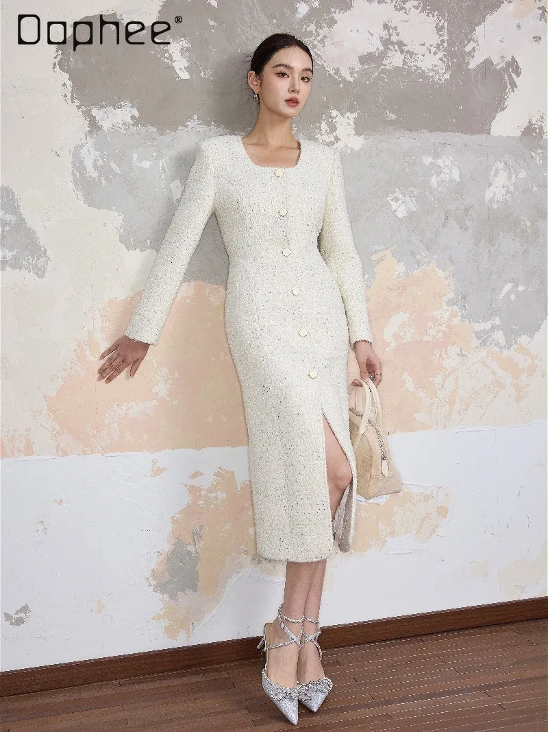 French Retro High-End Fashion Socialite Tweed Dress Commuting Style Trendy Square Neck Single-Breasted Long Sleeve A-Line Dress