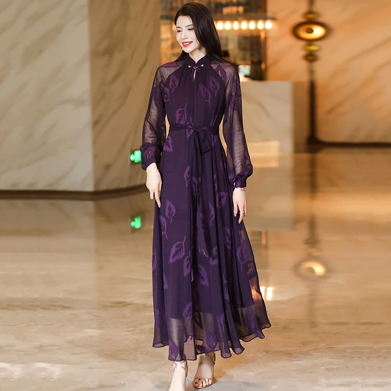 

New Women Summer Chinese Style Long Dress Fashion Stand Collar Long Sleeve Jacquard Chiffon Dress Elegant Purple Loose Dress