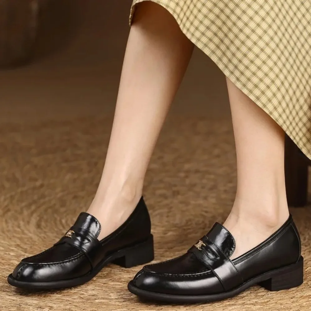 Apricot Nude Leather Block Heel Loafers Women Slip-On Comfy Mid Heel Casual Moccasin Shoes Office Daily
