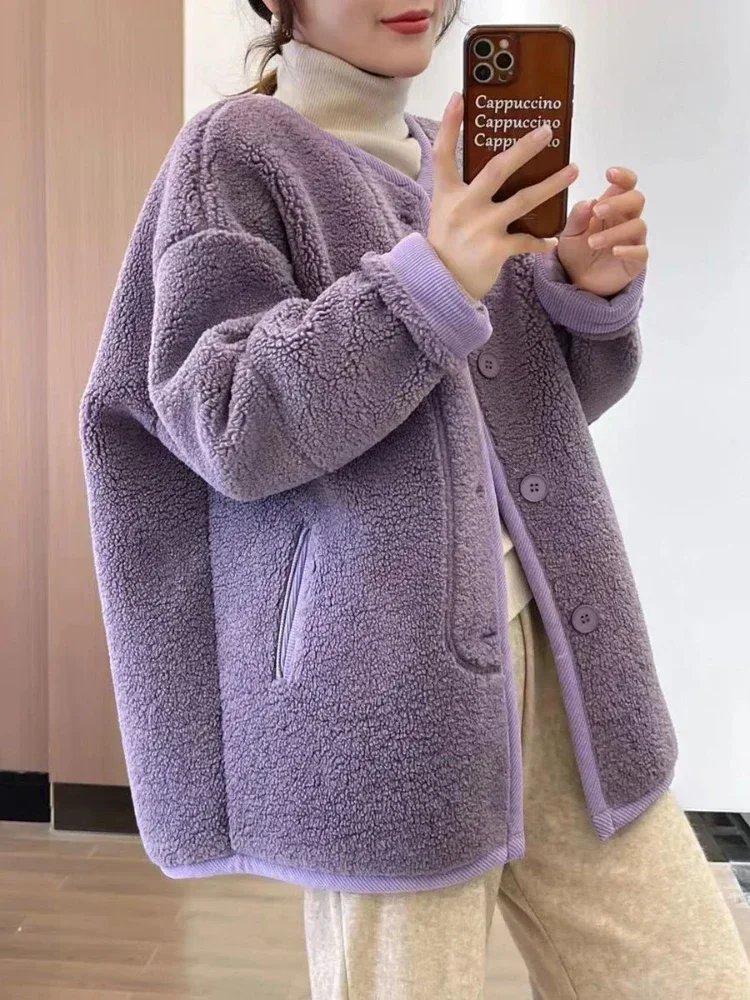 

Woman Clothing 2023 Autumn Winter New V Neck Plush Jacket Korean Fashion Lamb Wool Women's Coat Taro Purple Solid Warm Jackets