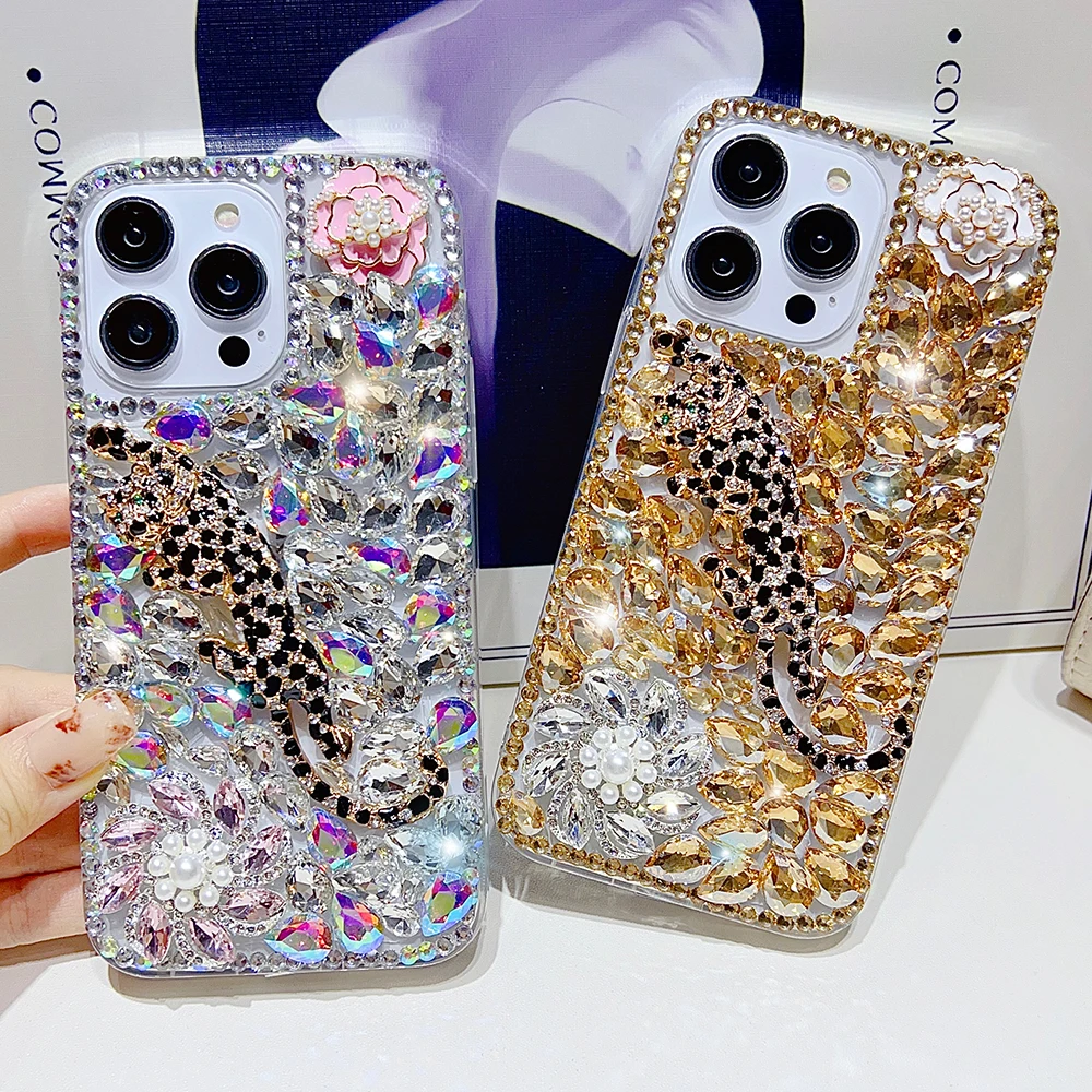 

10pcs Golden Leopard Glitter Diamond Case for Samsung S25 Ultra 17 Plus Gold Tiger Bling Jewelled Cover Wholesale