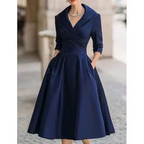 Fashion Elegant Wedding Guest Dress 2025 Women's Solid color Slim Waisted Lapel A-Line Evening Dress Cocktail Party Midi Dresses