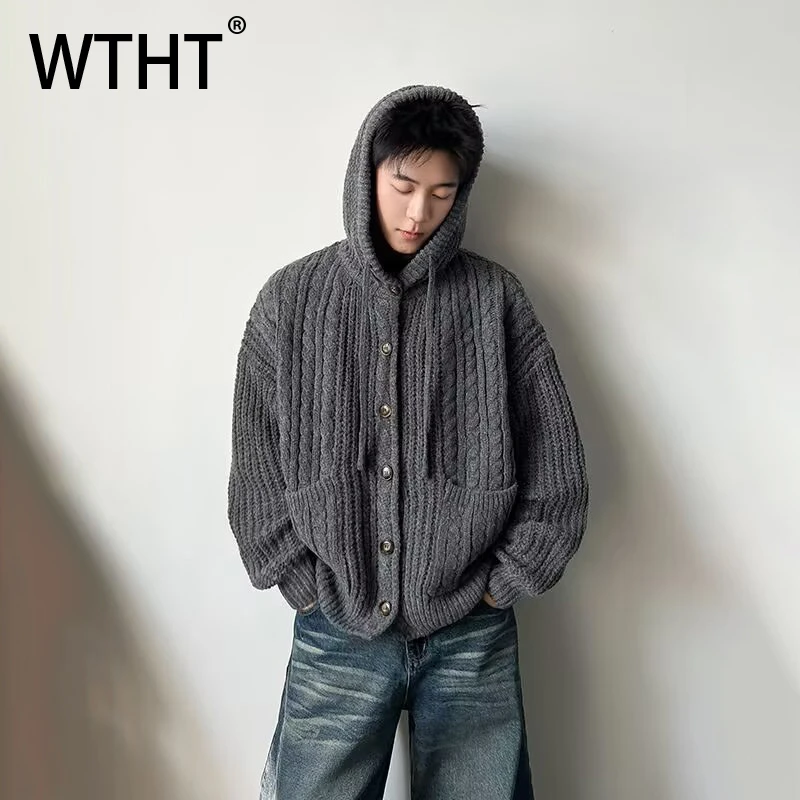 

WTHT Fashion Men's Solid Color Knit Loose Big Pockets Design Coats Trendy Hooded Single Breasted Jackets Male 2026 Spring 2A1307