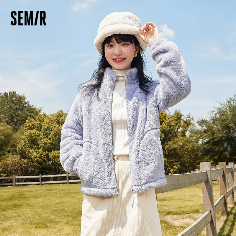 Semir Outerwear Jacket Women Plush Stand Collar Embroidery Simple Wind 2022 Winter New Warm Sweet Knit Jacket Women