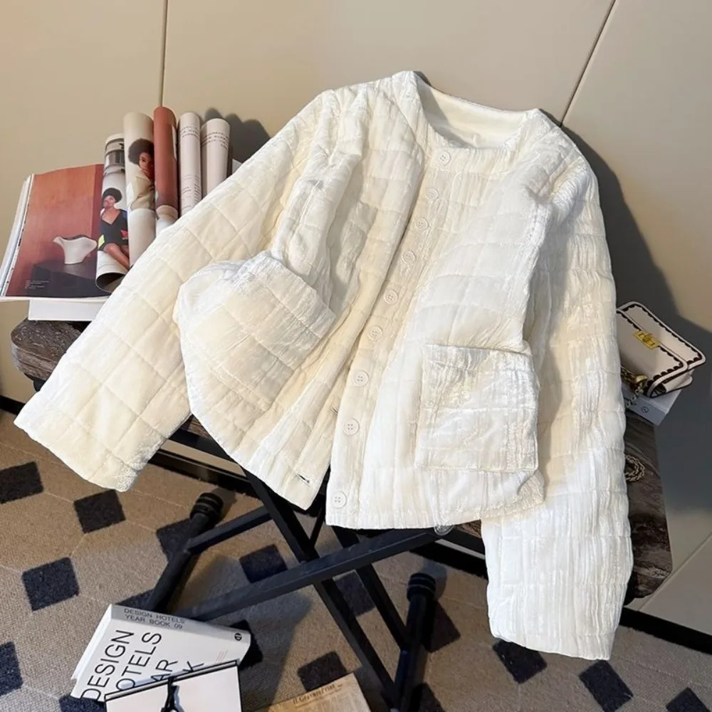 

Celebrity Elegant Loose Solid Veste Femme O Neck Single Breasted Velvet Parkas Western Office Lady French Vintage Jacket