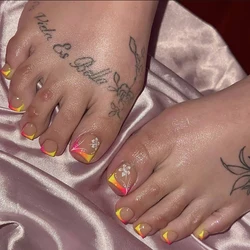 ARTAUG 24PCS Short Square Press On Nails Pink Flora Gilt French Toe Nail Press Ons Fake Nails Full Cover Fake Nail Set Cute Nail
