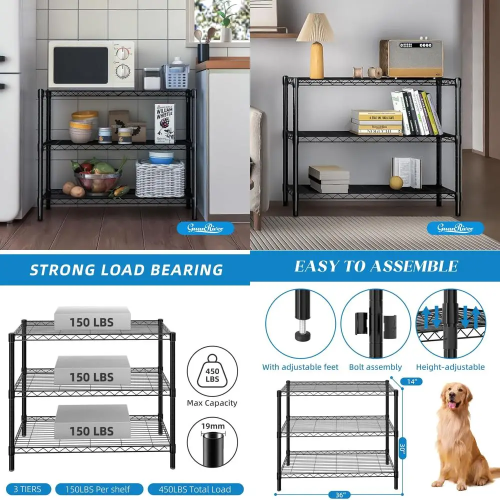 

Adjustable 3-Tier Metal Wire Shelf Rack for Storage in Office, Kitchen, and Home (Black, 36L x 14W x 30H)