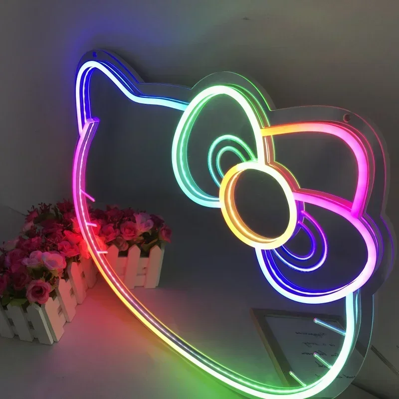 Flash LED Lights Colorful KT Cat Mirror Neon Sign Christmas Party Decor Shine Anime Cartoon Neon Lamp for Hello Kit Home Decor