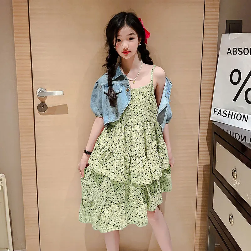 

teenage girls clothes dress set short coat+Floral suspender dress 2pcs 5 6 8 10 12 14 15 kids girl clothing suit children outfit