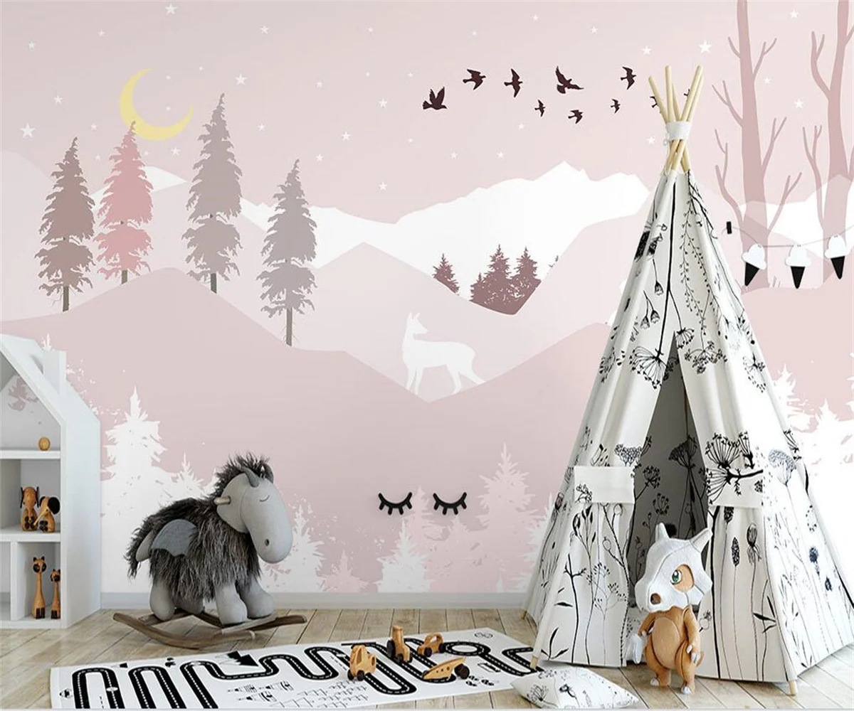 

Custom mural Hand-painted 3D Forest Elk children's room wallpaper pink decorative painting background Home decor 3d wallpaper