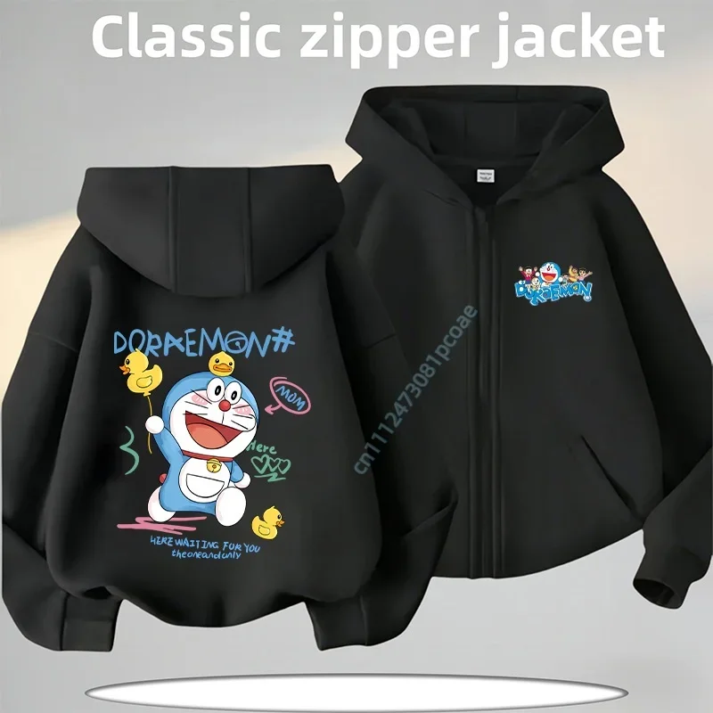 2026 New Winter-Spring Coat - Doraemon Cartoon Print Children's Zippered Hooded Sweatshirt for Boys, Girls' Casual Top