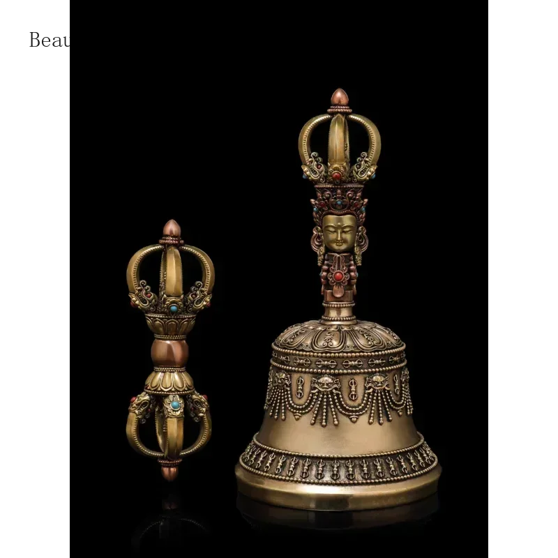 1 set of Nepalese craft brass Vajra bell pestle retro Xizang Buddhist ornament household practice instrument