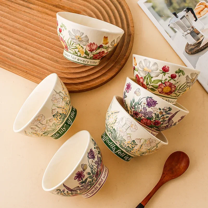 3-Piece 5 Inch Ceramic Rice Bowls, Creative Floral Dinnerware,Multifunctional for Cereal Salad Noodle, Housewarming Gift