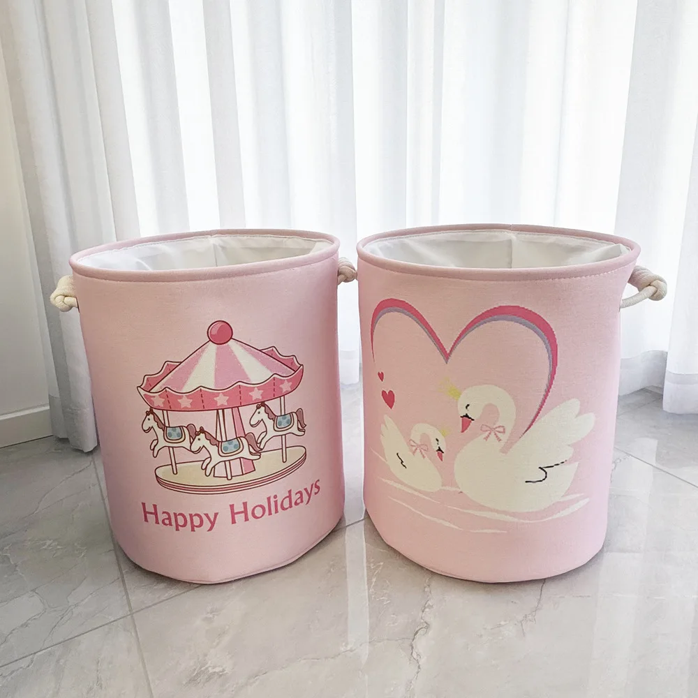 

Folding Pink Girls Laundry Hamper Canvas Carousel Swan Round Storage Basket for Kids Bedroom Nursery Toy Clothes Organization