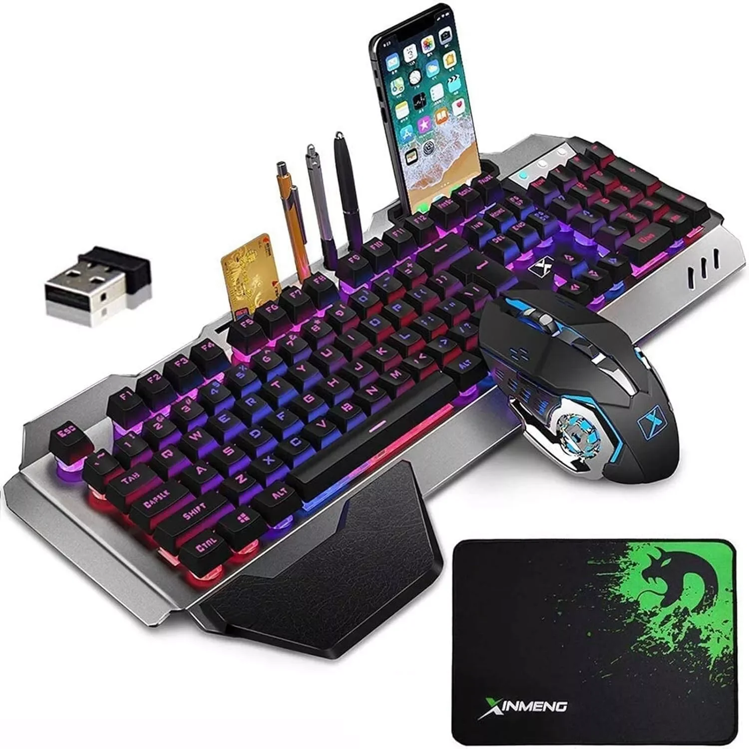 Draadloos gamingtoetsenbord en -muisset Oplaadbaar toetsenbord met regenboog-/RGB-achtergrondverlichting en 7-kleuren gamingmuis met pad