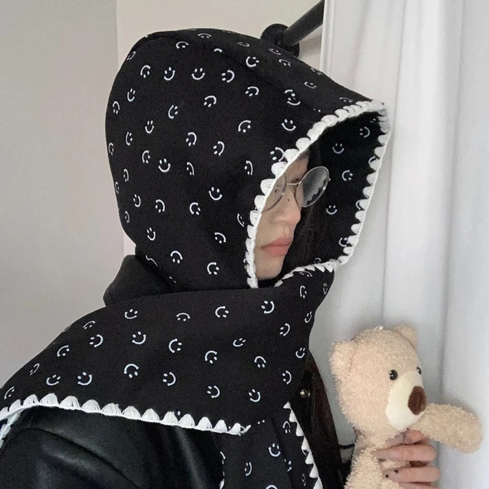 ボウプリントスカーフと帽子一体型女性用秋冬コットン暖かいスカーフ新しい新鮮で甘いトレンド多用途フード付きスカーフ