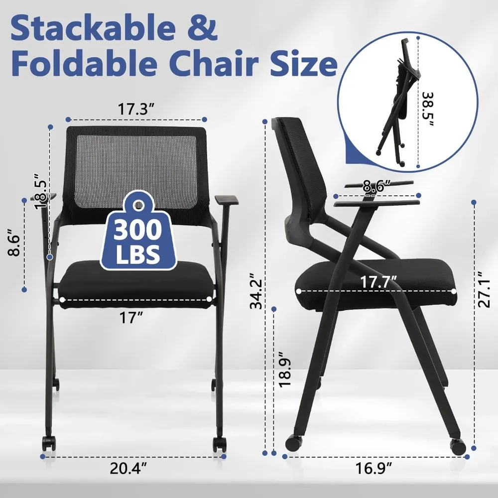 كراسي غرفة اجتماعات قابلة للتكديس وقابلة للطي مع عجلات، كرسي مكتب مبطن محمول مع دعم قطني ومسند للذراعين #3