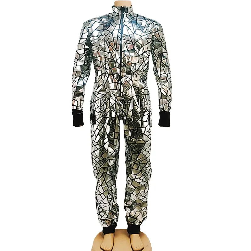 

Men's Reflective Silver Laser Sequins Jumpsuit Overalls for Singer Dancer Nightclub Hip Hop Rock Performance Stage Wear Costume