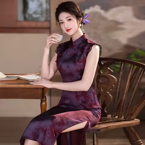 Purple Sleeveless New Chinese Style Long Cheongsam 2026 New Women's High-end Evening Dress Summer Qipao