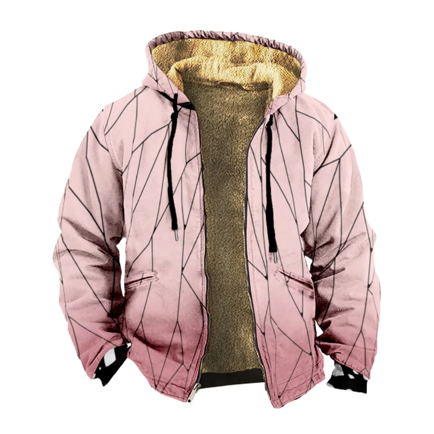 Men's and women's thick wool hooded double-layer jackets, winter and autumn pink printed street zippers, keep warm outdoors