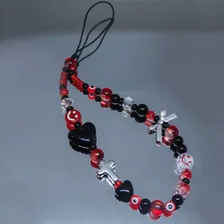 Red Mobile Phone Charm Strap Chain Lanyard Acrylic Bow Cross Women Black Heart Glass Beads Jewelry Girl Wristlet Keychain