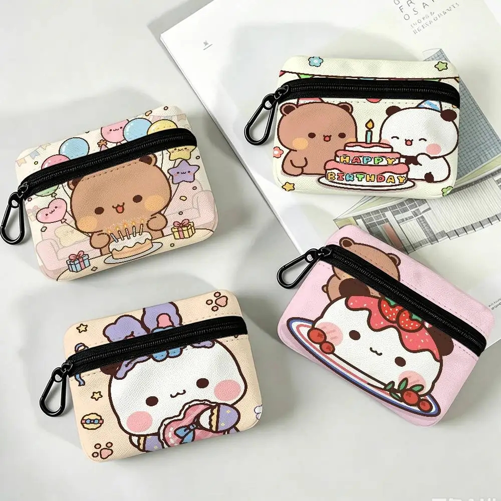 Bear Cartoon Kawaii D-Dudu B-Bubu Oxford Coin Wallet Detachable Carabiner Hook Compact Storage Bag For Outdoor Shopping