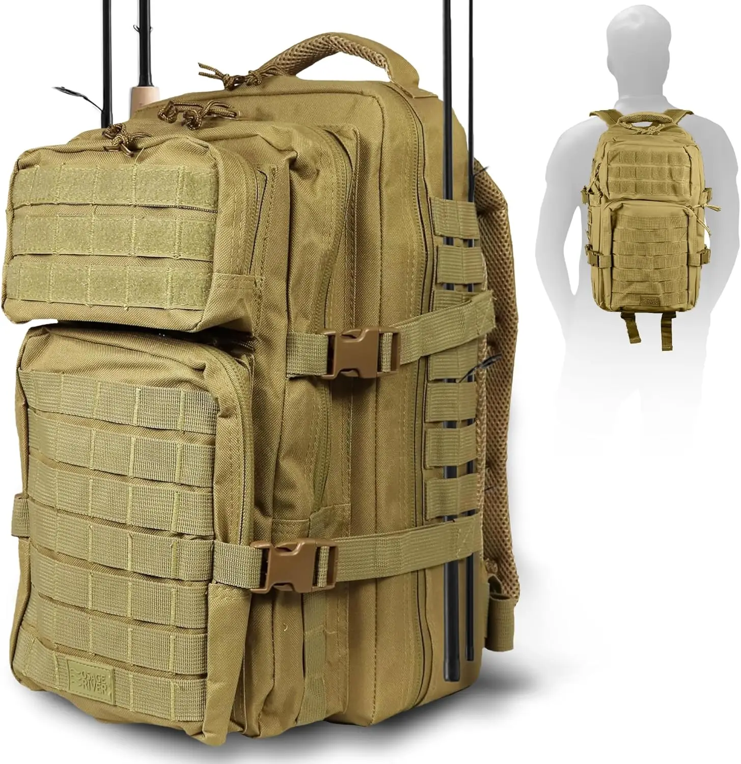 

MOLLE Fishing Backpack with Rod Holder - 600D Tackle Bag for Gear - Tactical Khaki Backpack for Camping, Travel, Hunting