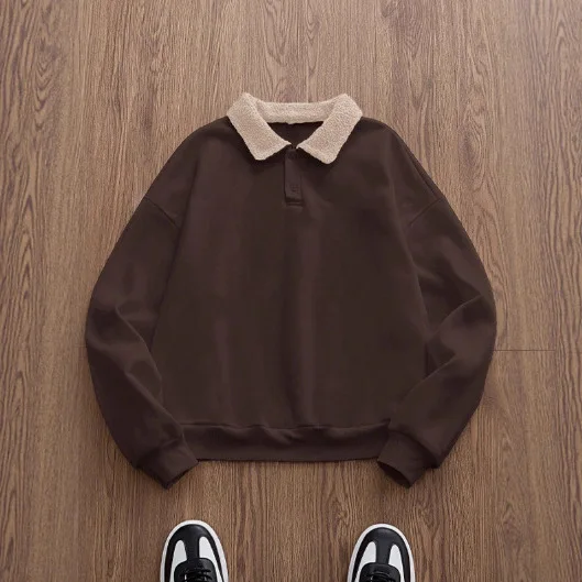 

Fashionable and Simple Hoodie Temperament Autumn and Winter Loose Collar Fleece Polo Shirt Top for Women