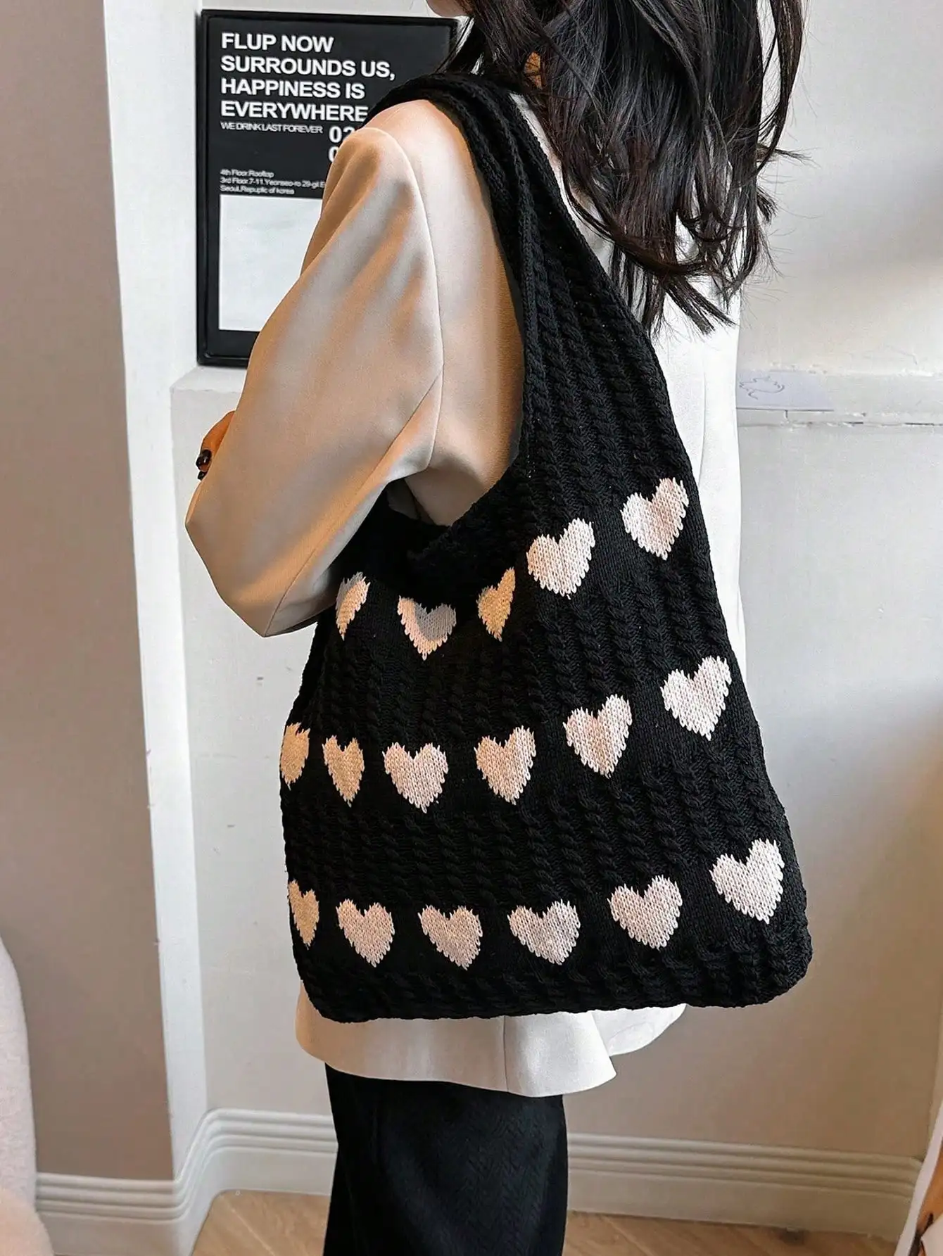 1pc Heart Pattern Contrast Color Crochet Tote Bag, Large Capacity Fashion Shoulder Beach Bag, Versatile For Commute