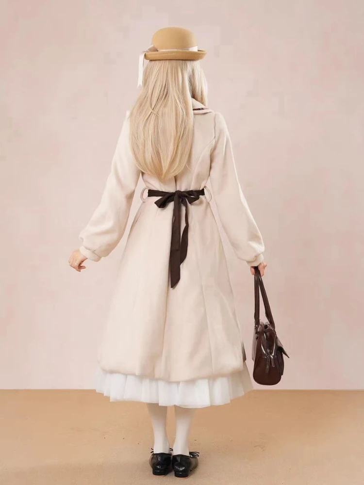 Japanse Zoete Slanke Jas Dames Y2k Mode Preppy Stijl Pop Kraag Boog Jassen Herfst Winter Mode Lange Overjas 2025 Nieuwe