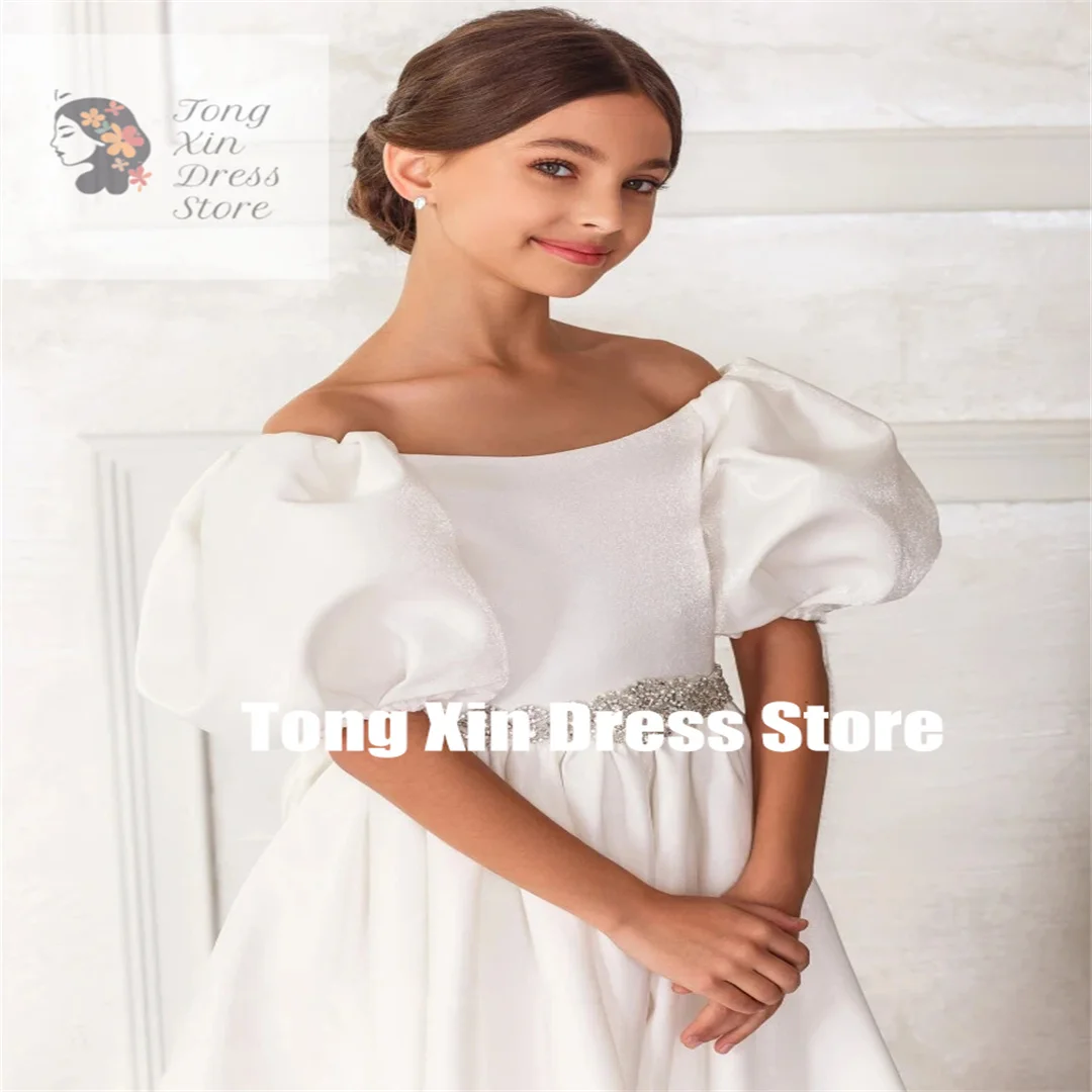 Customized Flower Girl Dresses White Satin Diamond Beltl With Bow Short Sleeves For Wedding Pageant Party Princess Gowns