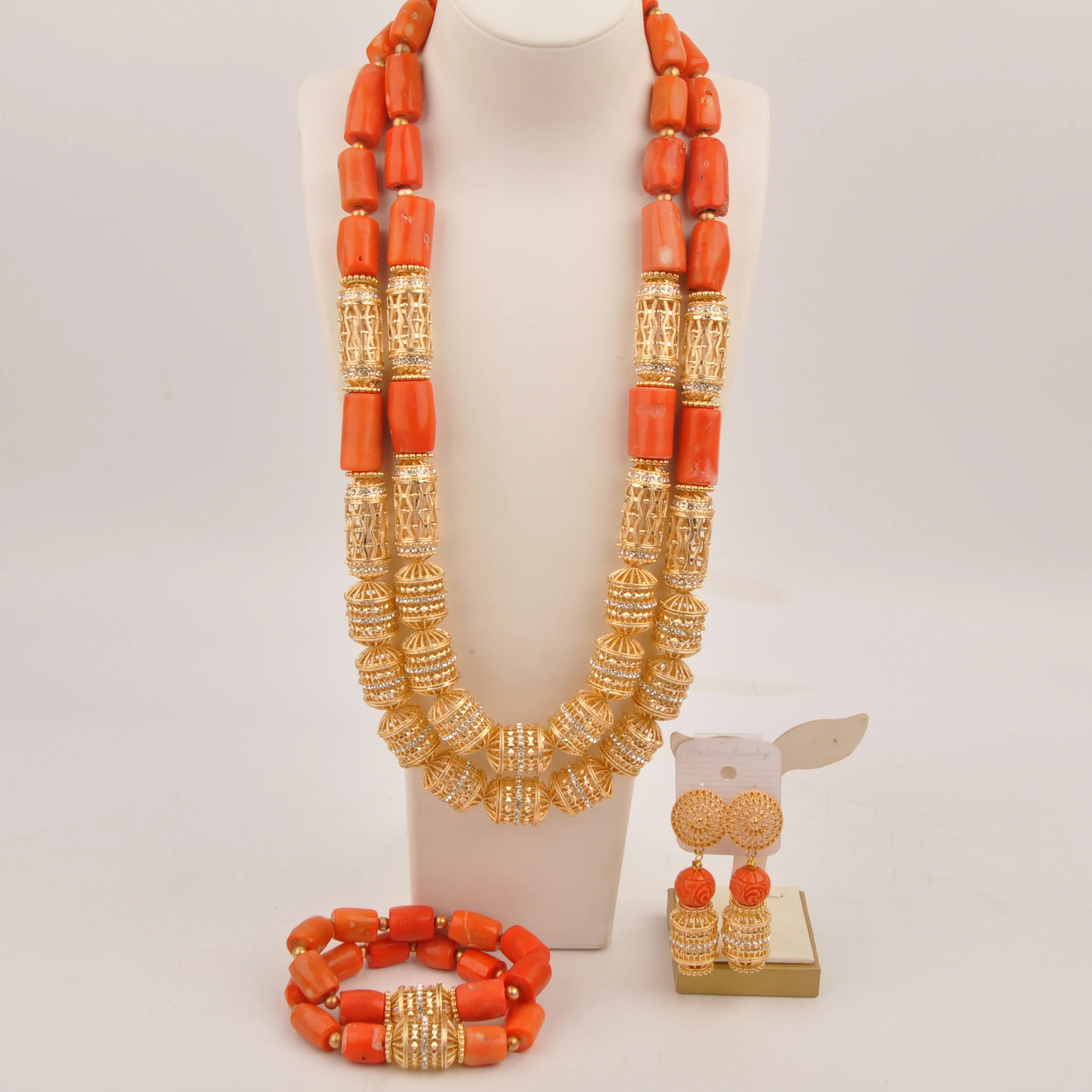 Original Orange Coral Bead Necklace Bridal Jewelry Set African Traditional Wedding Jewellry Set