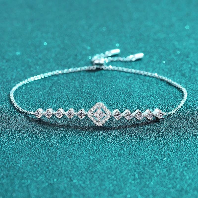 S925 Sterling Silver Moissanite 3D Square Adjustable Sliding Chain Bracelet  Clean Minimalist Style