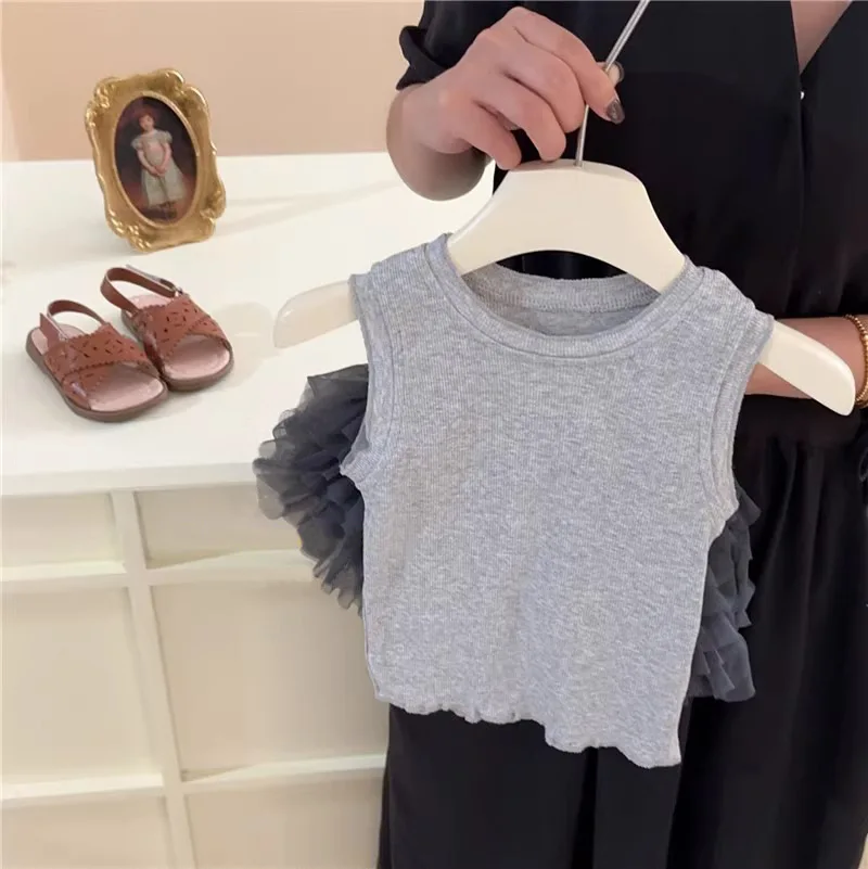 new summer girl clothes 2pc/set top vest+grey skirt  children baby kids students fashion 80-140 1-8year fashion  solid students