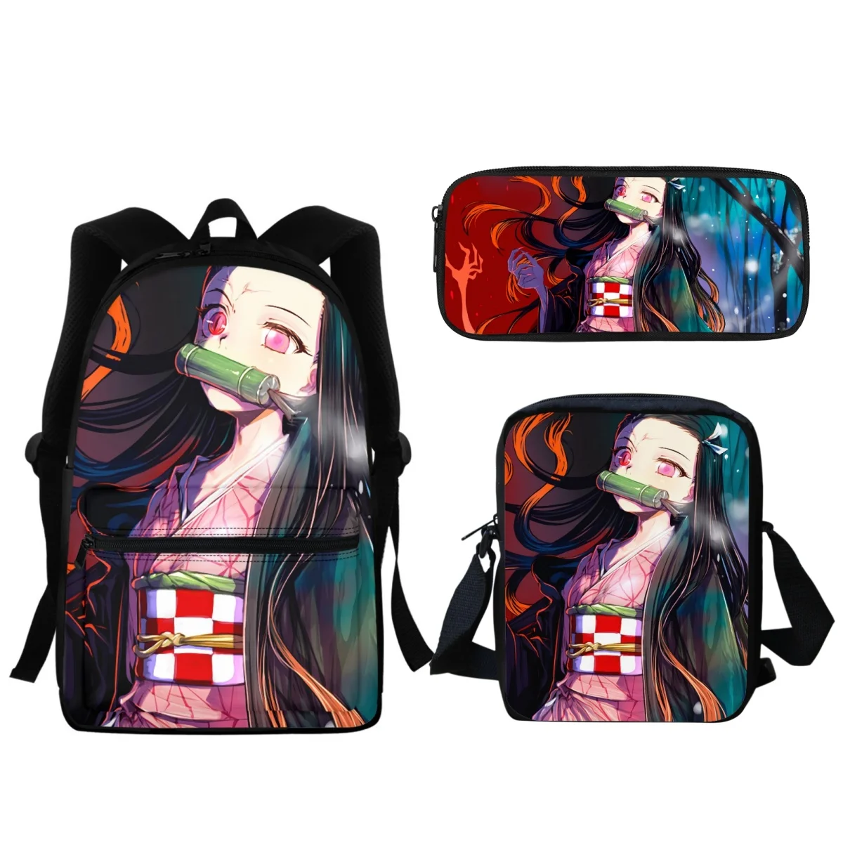 Anime Demon Slayer Fashion Kids School Backpack Cute Kamado Nezuko Print Lunch Bag Shoulder Bag Pencil Case School Supplies Gift