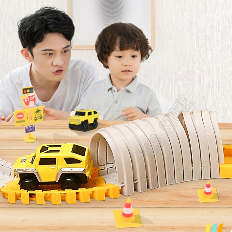 DIY Car Race Magic Rail Track ชุดเกมสมองโค้งยืดหยุ่นสร้างยานพาหนะของเล่นพลาสติกรถไฟสีสําหรับของขวัญเด็ก