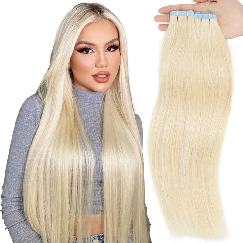 

Platinum Blonde Tape In Extensions Human Hair #60 #1B Brown Seamless Adhesive Tape Ins Straight 4x0.8cm 20pcs 12-24inch