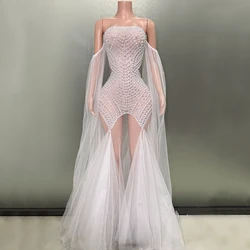 Luxury Pearls Strapless Sexy See-Through Birthday Evening Party Dress Singer Prom Nightclub Bar Performance Costume Stage Wear