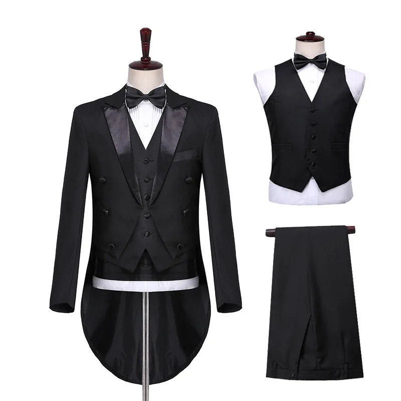 

Tailcoat+Pants+Vest+bow Tie 4 Pieces Set Male Magician Black White Tailcoat Suit Male Singer Stage Performance Chorus Host Suits