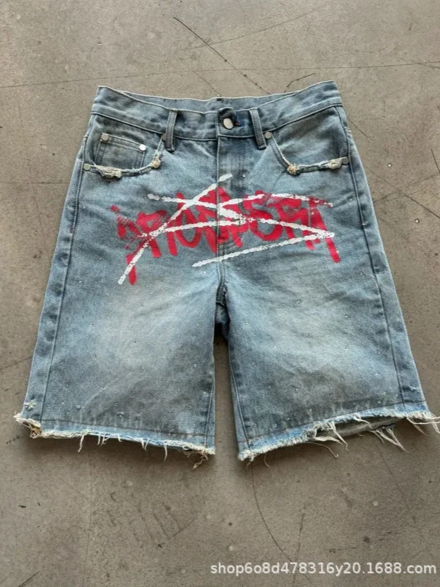 

Винтажные потертые джинсовые шорты, свободные мешковатые джинсовые шорты большого размера, повседневные мужские шорты с уличным рисунком, модные прямые джинсы в стиле ретро